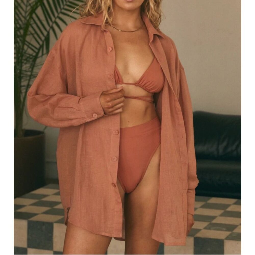 Tan + Lines Tulum Linen Blend Oversized Cover Up Shirt in Canyon Size M/L